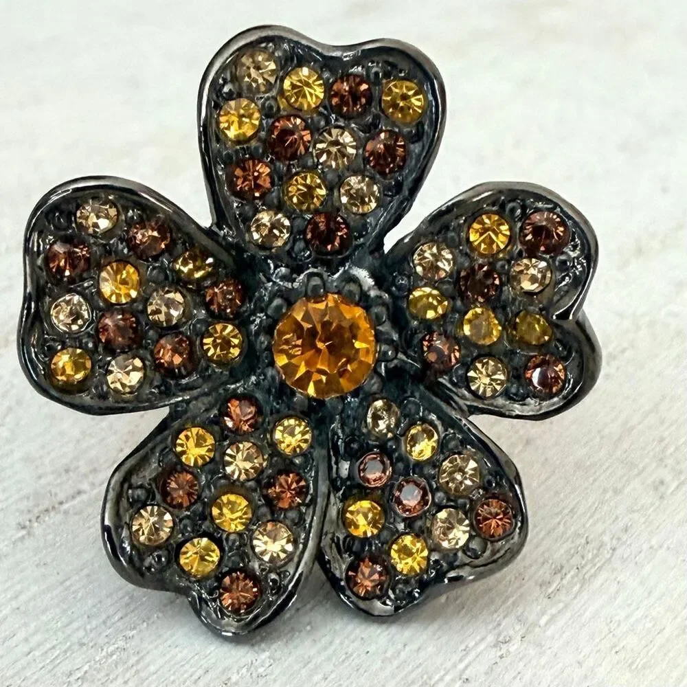 Kenneth Jay Lane KJL Adjustable Crystal Flower Cocktail Ring Gunmetal